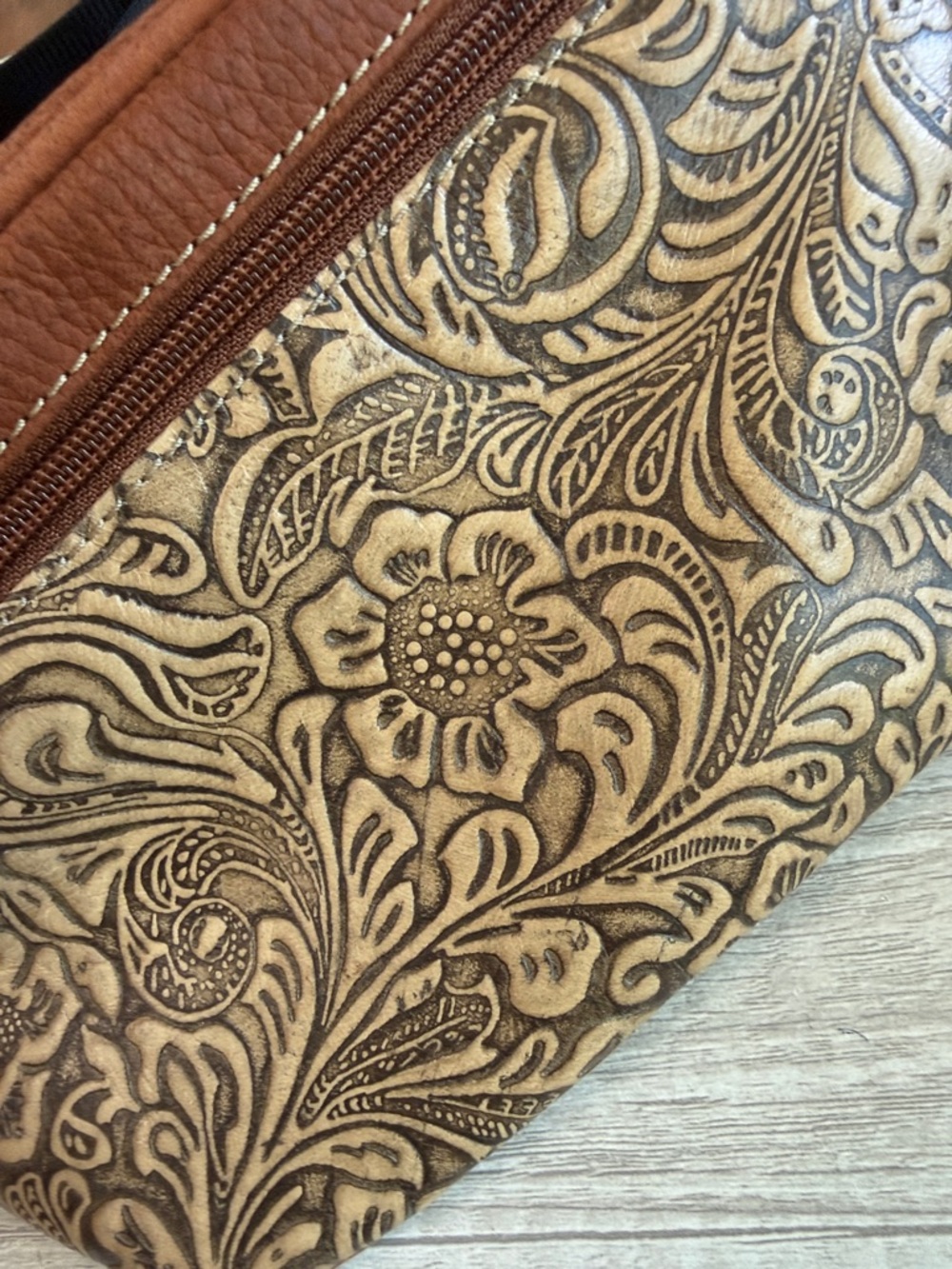 Myra Bag Brown Tooled Leather Floral Crossbody/Fanny Pack - Picture 3 of 5